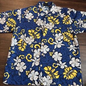 ODO Men’s Shirt Hawaiian Blue Yellow Floral Button Large Beach Vacation Resort